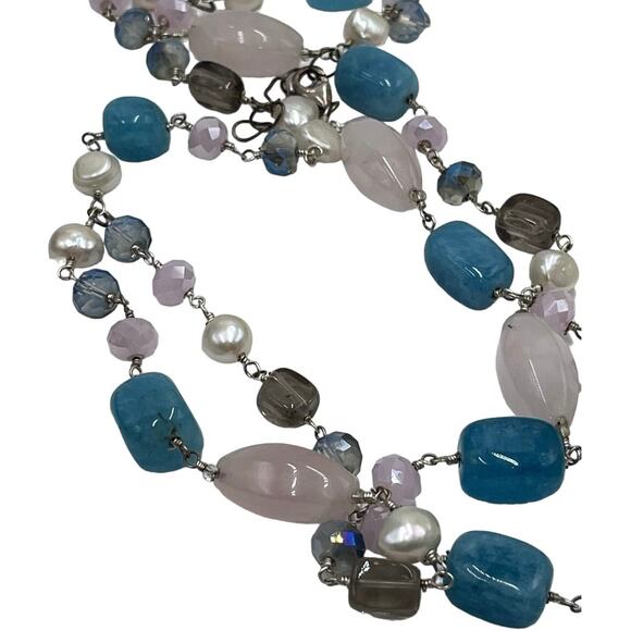 Handmade Sterling 925 Pink Blue Quartz Freshwater Pearl Double Strand Necklace - Picture 6 of 13